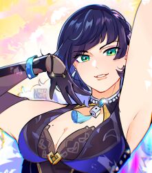Rule 34 | 1girl, 7aizagatha, armpits, arms up, bare shoulders, black gloves, blue hair, blunt bangs, breasts, cleavage, commentary, dice, elbow gloves, eyeshadow, genshin impact, gloves, green eyes, grin, highres, looking at viewer, makeup, medium breasts, mole, mole on breast, short hair, sleeveless, smile, solo, upper body, yelan (genshin impact)