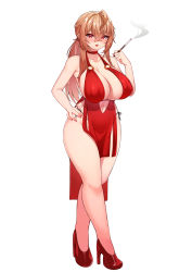 Rule 34 | 1girl, 5danny1206, absurdres, bare legs, blonde hair, breasts, cigarette, cigarette holder, dress, full body, hair between eyes, hand on own hip, highres, holding, holding cigarette, large breasts, legs, long hair, looking at viewer, navel, open mouth, original, red dress, red eyes, red footwear, shoes, solo, standing, thighs, white background