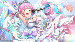 Rule 34 | 1girl, :d, arm up, armpits, balloon, blue hair, blush, breasts, closed eyes, colored inner hair, commentary request, day, detached collar, dress, drill hair, elbow gloves, feathers, floating hair, frilled thighhighs, frills, gloves, holding, holding microphone, hololive, kito koruta, large breasts, long hair, microphone, minato aqua, minato aqua (aqua iro super dream), multicolored hair, official art, open mouth, outdoors, pink hair, smile, solo, strapless, strapless dress, thighhighs, tiara, twin drills, twintails, very long hair, virtual youtuber, white dress, white gloves, white thighhighs