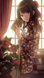 Rule 34 | 1girl, amochin, backlighting, black hair, blue eyes, blurry, blurry foreground, blush, book, brown hakama, camellia, floral print, flower, hair ribbon, hakama, holding, holding letter, idolmaster, idolmaster shiny colors, japanese clothes, kazano hiori, kimono, letter, long hair, looking at viewer, mole, mole under mouth, open mouth, ponytail, print kimono, red curtains, red ribbon, ribbon, smile, solo, standing, vase, window