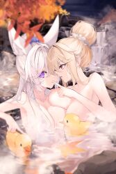 Rule 34 | 2girls, absurdres, animal ears, bare arms, bare shoulders, blonde hair, breasts, commission, copyright request, fox ears, highres, kooemong, large breasts, multiple girls, orange eyes, purple eyes, rubber duck, second-party source, white hair, yuri