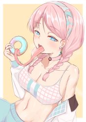 Rule 34 | 1girl, absurdres, arknights, bare shoulders, blue eyes, blue poison (arknights), blue poison (shoal beat) (arknights), blue shorts, blush, braid, breasts, bright pupils, choker, cleavage, doughnut, earrings, food, frog girl, hairband, highres, holding, holding food, jacket, jewelry, large breasts, long hair, long sleeves, navel, noe (ppppriver), open clothes, open jacket, parted bangs, pink choker, pink hair, saliva, shorts, simple background, solo, sports bra, stomach, stud earrings, sweat, tongue, tongue out, twin braids, two-tone hairband, upper body, white jacket, yellow background