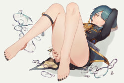 Rule 34 | 1boy, arm up, barefoot, bishounen, black coat, black nails, black shorts, blue hair, blush, brown eyes, chinese clothes, coat, convenient leg, earrings, feet, frilled sleeves, frills, full body, genshin impact, gold trim, grey background, hair over one eye, hand on own thigh, jewelry, knees together feet apart, knees up, long sleeves, looking at viewer, lying, male focus, nail polish, on back, parted bangs, r38rr, shadow, short shorts, shorts, simple background, solo, tassel, tassel earrings, toenail polish, toenails, toes, xingqiu (genshin impact)