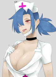 Rule 34 | + +, 1girl, 2018, absurdres, blue hair, blush, breasts, choker, cleavage, eyepatch, grey background, hat, highres, hot, large breasts, mask around neck, nurse cap, open mouth, ponytail, red eyes, scarf, scarf over mouth, shirt tug, skullgirls, solo, sweat, tge dilemma, tongue, tongue out, upper body, valentine (skullgirls)