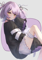 Rule 34 | 1girl, absurdres, bandaged leg, bandages, black jacket, bloomers, blush, choker, feet out of frame, grey background, hair ornament, hand up, highres, isana615, jacket, looking at viewer, parted lips, purple hair, shinomiya runa, shinomiya runa (1st costume), short hair, sleeves past fingers, sleeves past wrists, solo, two side up, underwear, virtual youtuber, vspo!, x hair ornament, yellow eyes