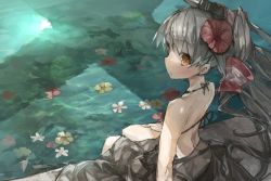 Rule 34 | 1girl, :o, amatsukaze (kancolle), back, bad id, bad pixiv id, bikini, blush, brown eyes, flower, from behind, hair flower, hair ornament, hair tubes, hat, kantai collection, long hair, looking at viewer, looking back, mini hat, open mouth, ph., see-through, shadow, silver hair, sitting, skirt, solo, swimsuit, twintails, two side up, water