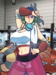Rule 34 | 1girl, arm up, armpits, breasts, elf, green eyes, green hair, hand on own hip, highres, jak and daxter, keira hagai, large breasts, legs, midriff, naughty dog, one eye closed, pants, pointy ears, short hair, solo, sony, suspenders, sweat, tank top, thick thighs, thighs, toned, towel, towel around neck