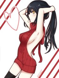 Rule 34 | 10s, 1girl, aran sweater, armpits, arms up, backless outfit, black hair, black thighhighs, blush, breasts, cable knit, clock eyes, closed mouth, cowboy shot, date a live, drawstring, dress, dutch angle, heart, highres, long hair, looking at viewer, looking to the side, medium breasts, meme attire, mouth hold, naked sweater, red sweater, sideboob, signature, smile, solo, standing, sweater, sweater dress, symbol-shaped pupils, thighhighs, tokisaki kurumi, tokisakijp, turtleneck, turtleneck sweater, tying hair, virgin killer sweater, white background, yellow eyes