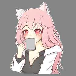 Rule 34 | 1girl, animal ears, artsykittty, black shirt, blush, breasts, cat ears, cleavage, coffee mug, commentary, commission, cup, english commentary, girls&#039; frontline, grey background, hair between eyes, holding, holding cup, lab coat, long hair, long sleeves, medium breasts, mug, persica (girls&#039; frontline), pink hair, raised eyebrow, red eyes, shirt, simple background, solo, twitter username, upper body