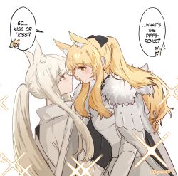 Rule 34 | 2girls, animal ear fluff, animal ears, arknights, armor, arya melati, blemishine (arknights), blonde hair, blush, closed mouth, commentary, english text, extra ears, eye contact, fur trim, high collar, highres, horse ears, horse girl, long hair, looking at another, multiple girls, platinum (arknights), ponytail, sidelocks, simple background, sparkle, speech bubble, twitter username, white background, white hair, yellow eyes, yuri