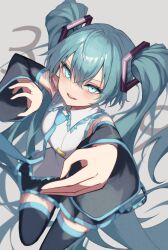 Rule 34 | 1girl, 39, aqua eyes, aqua hair, aqua necktie, black thighhighs, commentary request, detached sleeves, full body, grey background, hatsune miku, kawasuru (15miclon), long hair, looking at viewer, miku day, necktie, open mouth, simple background, solo, teeth, thighhighs, twintails, upper teeth only, vocaloid