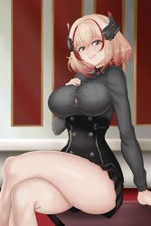 Rule 34 | 1girl, absurdres, artist name, azur lane, black shirt, black skirt, breasts, button gap, gradient hair, hand on own chest, headgear, highres, huge filesize, imavizard, indoors, large breasts, light brown hair, looking at viewer, microskirt, multicolored hair, red hair, roon (azur lane), shirt, sitting, skirt, smile, streaked hair, taut clothes, taut shirt, teeth, thighs, two-tone hair