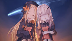 Rule 34 | 2girls, :d, ^ ^, abigail williams (fate), black bow, black dress, black hat, blonde hair, bow, closed eyes, commentary request, dress, falling star, fate/grand order, fate (series), forehead, hair bow, hat, horns, hugging object, lavinia whateley (fate), leaning on person, long hair, long sleeves, multiple girls, open mouth, orange bow, parted bangs, parted lips, polka dot, polka dot bow, shooting star, single horn, sleeves past wrists, smile, stuffed animal, stuffed toy, teddy bear, teko, very long hair, white hair