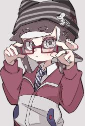Rule 34 | 1other, :&lt;, androgynous, animal hat, blush, brown hair, cat hat, closed mouth, collared shirt, earrings, glasses, grey background, grey eyes, grey headwear, hair ornament, hairclip, hat, hat pin, highres, inkling, inkling player character, jacket, jewelry, medium hair, multicolored clothes, multicolored jacket, multiple earrings, multiple rings, necktie, nintendo, pointy ears, red-framed eyewear, removing eyewear, ring, shirt, sif ly, splatoon (series), star (symbol), star hair ornament, striped clothes, striped headwear, striped necktie, tentacle hair, upper body, white shirt, x hair ornament