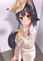 Rule 34 | 1girl, absurdres, aged down, angry, animal ear fluff, animal ears, black hair, blush, box, box on head, cardboard box, chewing, child, commentary request, dress shirt, food, hair between eyes, highres, holding, holding food, hololive, inaba teitoku, indoors, looking at viewer, multicolored hair, naked shirt, ookami mio, oversized clothes, oversized shirt, red hair, shirt, short hair, sidelocks, solo, streaked hair, tail, tail wrap, taiyaki, tearing up, virtual youtuber, wagashi, white shirt, wolf ears, wolf girl, wolf tail, yellow eyes