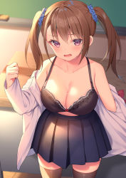 Rule 34 | 1girl, alexmaster, bare shoulders, black bra, black skirt, black thighhighs, blush, bra, breasts, brown hair, chalkboard, classroom, cleavage, collarbone, collared shirt, desk, dress shirt, eraser, large breasts, long hair, long sleeves, looking at viewer, off shoulder, open clothes, open mouth, open shirt, original, pleated skirt, purple eyes, school uniform, shirt, sidelocks, skirt, solo, thighhighs, thighs, twintails, underwear, white shirt