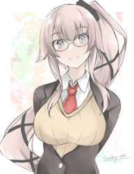 Rule 34 | 1girl, alternate costume, arms behind back, bespectacled, black jacket, blazer, breasts, gakky, glasses, hair ribbon, jacket, kantai collection, large breasts, long hair, necktie, one-hour drawing challenge, pink eyes, pink hair, ponytail, red necktie, ribbon, smile, solo, sweater vest, upper body, very long hair, yura (kancolle)