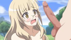 Rule 34 | 1boy, 1girl, blonde hair, blush, censored, glasses, hetero, highres, long hair, looking at penis, mosaic censoring, nepiris, open mouth, penis, perrine h. clostermann, strike witches, world witches series, yellow eyes