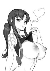Rule 34 | 1girl, artist name, black lagoon, brassica, breasts, cigarette, clothes lift, commission, crop top, greyscale, heart, highres, holding, holding cigarette, large breasts, long hair, monochrome, navel, nipples, ponytail, revy (black lagoon), shirt lift, shoulder tattoo, sidelocks, solo, tattoo, upper body