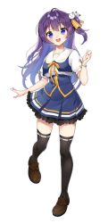 Rule 34 | 1girl, :d, ahoge, black thighhighs, blue eyes, blue skirt, blue vest, blush, brown footwear, collared shirt, commentary request, copyright request, frilled skirt, frills, full body, hair between eyes, hair ornament, hand up, head tilt, kutata, loafers, long hair, looking at viewer, neck ribbon, one side up, open mouth, orange ribbon, puffy short sleeves, puffy sleeves, purple hair, ribbon, shirt, shoes, short sleeves, simple background, skirt, smile, solo, standing, standing on one leg, teeth, thighhighs, upper teeth only, very long hair, vest, white background, white shirt