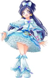 Rule 34 | 1girl, :d, blue hair, boots, bow, brooch, capelet, cure white, detached sleeves, dress, earrings, frilled capelet, frills, full body, futari wa precure, grey eyes, hair bow, heart, heart brooch, heart earrings, highres, jewelry, layered dress, leg warmers, long hair, long sleeves, open mouth, outstretched hand, precure, shiny skin, short dress, simple background, smile, solo, standing, very long hair, white background, white bow, white capelet, white dress, white footwear, white legwear, white neckwear, white sleeves, yukishiro honoka, yuutarou (fukiiincho)