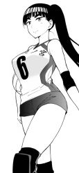 Rule 34 | 1girl, breasts, ebino mei, hatsukoi zombie, large breasts, long hair, monochrome, official art, ponytail, shirt, shorts, sleeveless, sleeveless shirt, sportswear, thick eyebrows, thighs, volleyball uniform