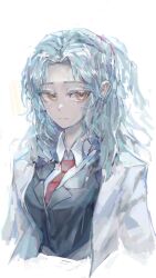 Rule 34 | 1girl, angela (project moon), black jacket, blue hair, closed mouth, coat, collared shirt, expressionless, highres, jacket, lab coat, lobotomy corporation, long hair, long sleeves, nameno92372763, necktie, one side up, parted bangs, project moon, red necktie, shirt, solo, unusually open eyes, very long hair, white coat, white shirt, yellow eyes