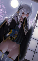 Rule 34 | 1girl, backlighting, blush, clothes lift, cowboy shot, fate/grand order, fate (series), full moon, head tilt, horns, japanese clothes, kimono, kiyohime (fate), kiyohime (third ascension) (fate), moon, mouth hold, night, obi, pussy, sash, shiseki hirame, silver hair, solo, thighhighs, uncensored, white thighhighs, yellow eyes, zettai ryouiki
