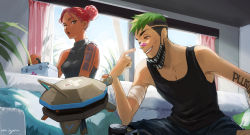 Rule 34 | 1boy, 1girl, 2gou, absurdres, apex legends, bad id, bad tumblr id, bed, black eyes, black tank top, breasts, brown eyes, collarbone, d.o.c. health drone, double bun, first aid kit, green hair, grey sweater, hair bun, highres, lifeline (apex legends), looking to the side, medium breasts, octane (apex legends), open mouth, plant, pointing, pointing at self, red hair, robot, sleeveless, sleeveless sweater, smile, sunlight, sweater, tank top, window