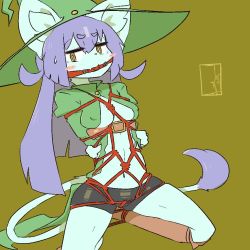 Rule 34 | 1girl, bdsm, bondage, bound, breasts, cat, female focus, furry, furry female, green background, hat, kneeling, long hair, looking at viewer, nipples, no bra, purple hair, simple background, solo, the amboina, witch hat, yellow eyes