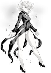 Rule 34 | 1girl, bare legs, black dress, breasts, cameltoe, covered navel, curly hair, dress, expressionless, floating, full body, high heels, highres, levitation, long sleeves, looking at viewer, mogudan, monochrome, one-punch man, panties, partially visible vulva, petite, short hair, simple background, skin tight, small breasts, solo, tatsumaki, telekinesis, thick thighs, thighs, thong, underwear