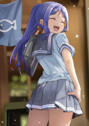 Rule 34 | 1girl, animal print, artist name, artist request, bag, bare legs, blue hair, blurry, blurry background, blush, breasts, buttons, closed eyes, collarbone, female focus, fish print, floating hair, from behind, grey sailor collar, grey skirt, hair between eyes, hand on own hip, high ponytail, highres, layered skirt, long hair, looking at viewer, looking back, love live!, love live! sunshine!!, matsuura kanan, medium breasts, miniskirt, nail, nail polish, parted lips, pink nails, plaid, plaid skirt, pleated, pleated skirt, ponytail, puffy short sleeves, puffy sleeves, sailor collar, school bag, school uniform, shirt, short sleeves, sideboob, skirt, smile, solo, sparkle, uranohoshi school uniform, wavy hair, white shirt