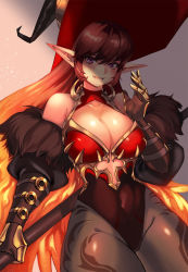 Rule 34 | 1girl, bare shoulders, black hat, breasts, cleavage, covered navel, detached sleeves, dungeon and fighter, fur-trimmed sleeves, fur trim, hat, large breasts, leotard, long hair, orange hair, original, pagong, pantyhose, pointy ears, purple eyes, shade, solo, upper body, vambraces, very long hair, witch hat
