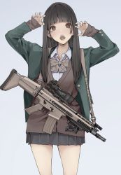 Rule 34 | 1girl, :o, absurdres, arms up, assault rifle, bow, bowtie, brown bow, brown bowtie, brown eyes, brown hair, brown vest, claw pose, collared shirt, fn scar, green jacket, grey background, grey skirt, gun, highres, jacket, koh (minagi kou), long hair, long sleeves, looking at viewer, mask, mole, mole under eye, mouth mask, open mouth, original, rifle, school uniform, scope, shirt, simple background, skirt, solo, vest, weapon, white shirt