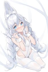 Rule 34 | 1girl, :&lt;, animal ears, azur lane, bare shoulders, blue eyes, blush, braid, closed mouth, covered navel, fake animal ears, fake tail, hairband, hands in hair, highres, le malin (azur lane), le malin (listless lapin) (azur lane), leotard, long hair, looking at viewer, official alternate costume, pantyhose, playboy bunny, rabbit ears, rabbit tail, silver hair, sitting, skindentation, solo, tail, thigh strap, twin braids, uosaasou, very long hair, white hairband, white leotard, white pantyhose, white theme, wrist cuffs