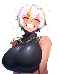 Rule 34 | 1girl, artist request, blush, breasts, cleavage, closed eyes, closed mouth, dark-skinned female, dark skin, hair between eyes, large breasts, luvdia, park dona, second-party source, short hair, smile, solo, tan, virtual youtuber, white hair