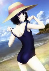 Rule 34 | 10s, 1girl, absurdres, another, ass, beach, cloud, day, eyepatch, hat, highres, ishii yuriko, looking at viewer, looking back, misaki mei, nyantype, ocean, official art, one-piece swimsuit, outdoors, pale skin, red eyes, scan, school swimsuit, sky, solo, sun hat, swimsuit, undressing, water