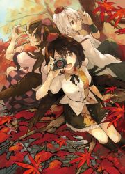 Rule 34 | 3girls, animal ears, autumn leaves, bad id, bad pixiv id, bird wings, black hair, black wings, brown eyes, brown hair, camera, camera phone, cellphone, checkered clothes, checkered skirt, floral print, gauntlets, hair ribbon, hat, hat ribbon, hichiko, highres, himekaidou hatate, in tree, inubashiri momiji, leaf print, long hair, long sleeves, multiple girls, open mouth, phone, puffy short sleeves, puffy sleeves, red eyes, ribbon, shameimaru aya, shirt, short sleeves, silver hair, sitting, sitting in tree, skirt, smile, tokin hat, touhou, tree, twintails, wide sleeves, wings, wolf ears