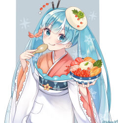Rule 34 | 1girl, :p, aqua eyes, aqua hair, blush, bowl, closed mouth, food-themed hat, hair between eyes, hair ornament, hair stick, hatsune miku, highres, holding, holding bowl, japanese clothes, kimono, long hair, long sleeves, looking at viewer, multicolored hair, noneon319, obi, orange kimono, pillarboxed, raised eyebrows, red kimono, salmon, sash, shrimp, sidelocks, signature, smile, solo, sparkle, streaked hair, tongue, tongue out, tuna, twintails, two-tone kimono, upper body, very long hair, vocaloid, white hair, wide sleeves, yuki miku, yuki miku (2022), yuki miku (2022) (candidate no.3)