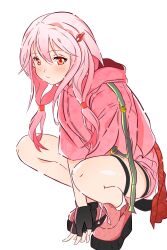 Rule 34 | 1girl, absurdres, between legs, blush, casual, duck 1604, fingerless gloves, full body, gloves, guilty crown, hair ornament, hairclip, hand between legs, high heels, highres, long hair, looking at viewer, pink hair, red eyes, shoes, simple background, solo, squatting, twintails, white background, yuzuriha inori