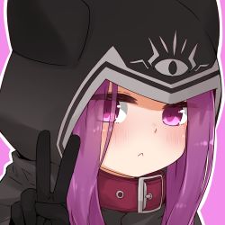 Rule 34 | 1girl, :&lt;, animal ears, animal hood, black gloves, blush, closed mouth, collar, fake animal ears, fate/grand order, fate (series), gloves, hand up, hood, hood up, i.u.y, long hair, looking at viewer, matching hair/eyes, medusa (fate), medusa (lancer) (fate), medusa (rider) (fate), outline, parted bangs, pink background, purple eyes, purple hair, red collar, rider, sidelocks, solo, upper body, v, white outline