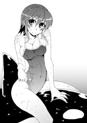 Rule 34 | 1girl, bad id, bad pixiv id, blush, breasts, cleavage, greyscale, highres, kusanagi tonbo, large breasts, monochrome, one-piece swimsuit, orca, original, school swimsuit, skinny, slender, solo, swimsuit, wet, whale