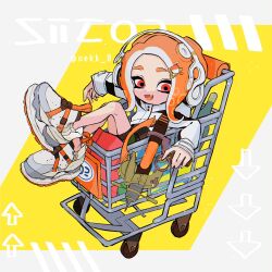 Rule 34 | 1girl, :d, arrow (symbol), artist name, bag, bike shorts, bottle, collared jacket, fang, forehead, grey background, gun, hair ornament, hairclip, headphones, highres, holding, holding gun, holding weapon, in shopping cart, jacket, long sleeves, nintendo, octoling, octoling girl, octoling player character, oekk 8, open mouth, orange hair, parted bangs, red eyes, shoes, shopping cart, short eyebrows, short hair, short shorts, shorts, sidelocks, simple background, sleeves past wrists, smile, sneakers, solo, splash-o-matic (splatoon), splatoon (series), splatoon 2, suction cups, tentacle hair, twitter username, two-tone background, weapon, white footwear, white jacket, yellow background