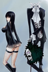 Rule 34 | 1boy, 1girl, afro, black hair, brook (one piece), disembodied head, eyeshadow, fishnets, heart, heart-shaped eyes, kon-kit, long hair, makeup, nico robin, one piece, skeleton, symbol-shaped pupils, thighhighs, thriller bark, torn clothes, undead