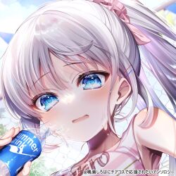 Rule 34 | 1girl, alternate hairstyle, blue eyes, blush, bottle, chi no, close-up, commentary request, eyelashes, hair between eyes, hair ornament, hair scrunchie, hairclip, holding, holding bottle, long hair, looking at viewer, naruse shiroha, open mouth, pink scrunchie, pink shirt, ponytail, scrunchie, shirt, solo, summer pockets, water, water drop, white hair