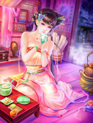 Rule 34 | 1girl, absurdres, barefoot, bracelet, brown hair, butterfly hair ornament, chopsticks, curtains, food, fruit, hair ornament, highres, indoors, jewelry, kettle, lots of jewelry, nail polish, orange (fruit), original, pink lips, purple eyes, ring, shawli, sitting, solo, teapot