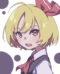 Rule 34 | 1girl, absurdres, ascot, blonde hair, collared shirt, dotted background, eyebrows hidden by hair, from side, hair ribbon, highres, kame (kamepan44231), looking at viewer, one-hour drawing challenge, open mouth, red ascot, red eyes, red ribbon, ribbon, rumia, shirt, short hair, solo, touhou, upper body, white background, white shirt
