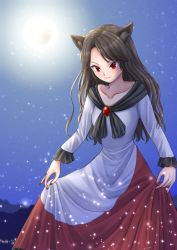 Rule 34 | 1girl, animal ears, brown hair, closed mouth, clothes lift, collarbone, dress, dress lift, full moon, highres, imaizumi kagerou, kyabekko, lifted by self, light particles, long hair, long sleeves, moon, outdoors, red dress, red eyes, smile, solo, tail, touhou, two-tone dress, white dress, wolf ears, wolf girl, wolf tail