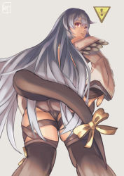 Rule 34 | 1girl, alternate hairstyle, ass, back, black panties, black thighhighs, blue hair, butt crack, cameltoe, detached sleeves, dizzy (guilty gear), guilty gear, guilty gear xrd, hair between eyes, hair down, highres, karuru nouking, long hair, looking back, monster girl, open mouth, panties, red eyes, ribbon, sign, signature, solo, tail, tail ornament, tail ribbon, thigh strap, thighhighs, thighs, underwear, warning sign
