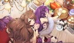 Rule 34 | 2girls, absurdres, ahoge, azur lane, bamboo steamer, baozi, bare shoulders, blush, bracelet, breasts, brown hair, chinese clothes, commentary, copyright name, double bun, dress, dumpling, earrings, eating, english commentary, feather boa, food, hair bun, hair ornament, hairband, hairclip, highres, hitoto, holding, holding food, indoors, jewelry, lamp, large breasts, logo, long hair, looking at viewer, looking back, multiple girls, ning hai (azur lane), ning hai (gorgeous violet) (azur lane), official art, open mouth, panda, ping hai (azur lane), ping hai (delicious crimson) (azur lane), plate, purple eyes, purple hair, red eyes, shawl, sitting, sleeveless, sleeveless dress, stuffed animal, stuffed toy, table, very long hair, watermark, white dress, wristband